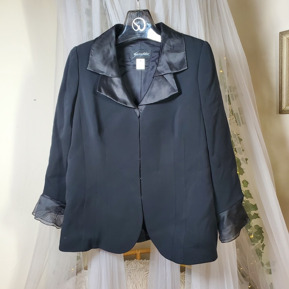 Vtg SUNNY CHOI Black‎ Jacket Chiffon Silk Trim Ruffle Career Whimsigoth Size 18